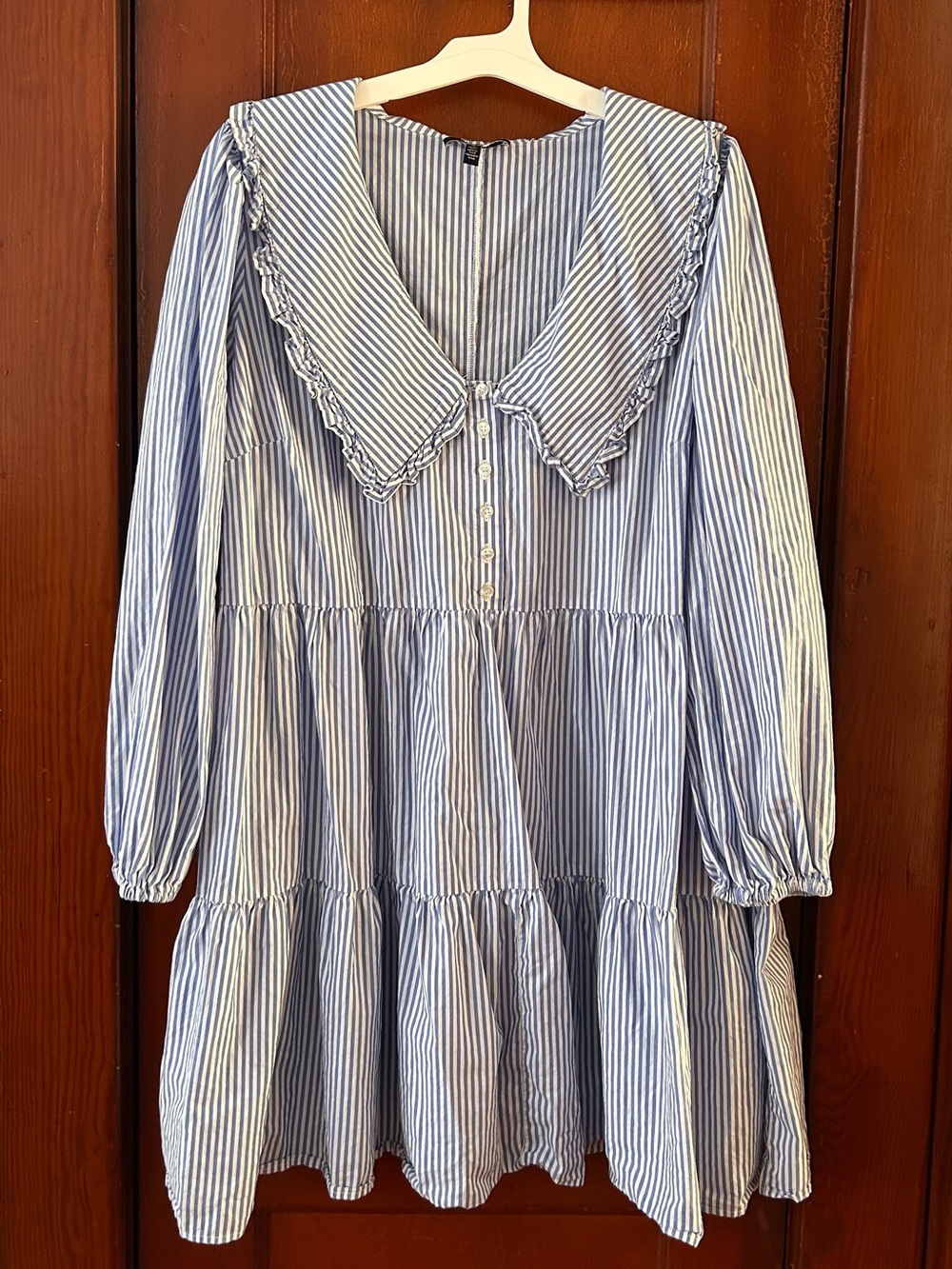 Eloquii Striped Tiered Dress with Ruffle Collar